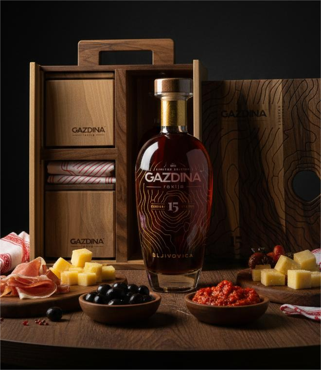 GAZDINA 15 godina odležala Šljivovica 700 ml - LIMITED EDITION Drvena kutija